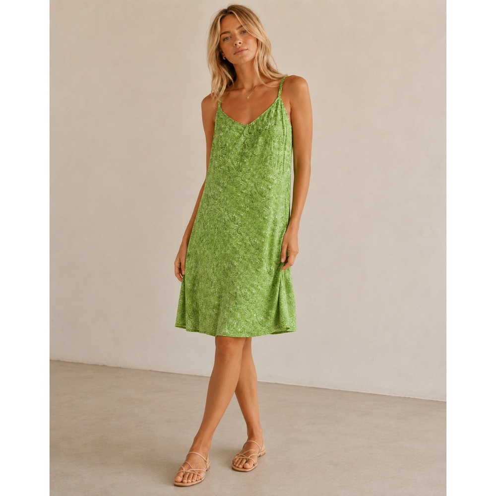 Talbots Womens Lime Green Paisley Cotton Midi Sundress Sz 10 V-Neck Lined